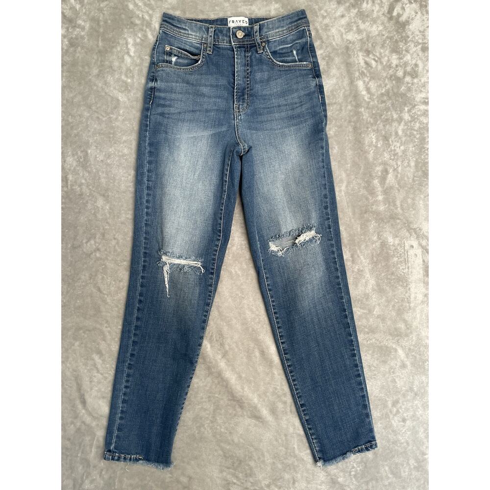 Frayed Jeans Womens 24 High-Rise Tapered Boyfriend Distressed Blue Denim Stretch